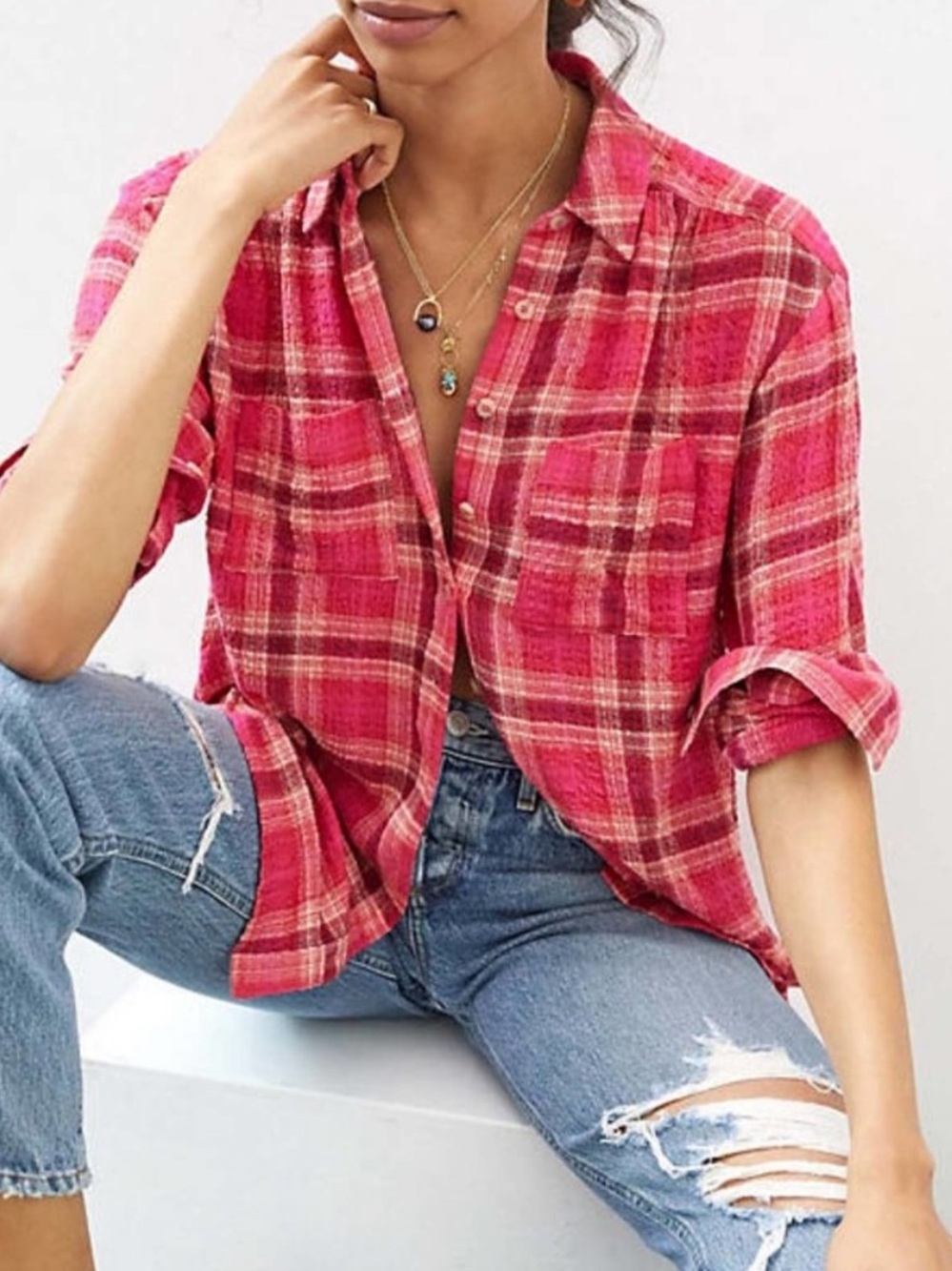 Anthropologie Pilcro Seamed Tunic Button down In Pink Plaid Size Small